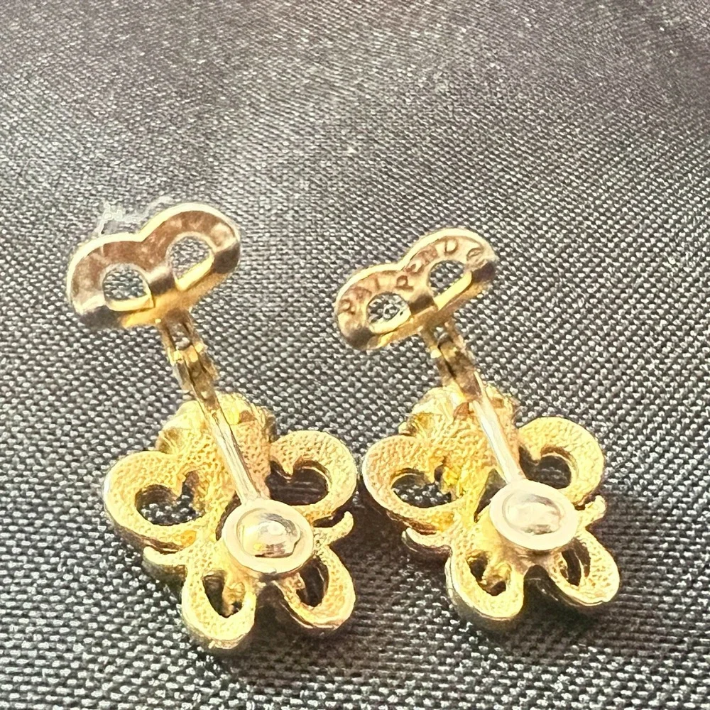 Vintage 1960s Gold Clip-On Earrings Copper‎ Orange Rhinestone Scroll Pat Pending
